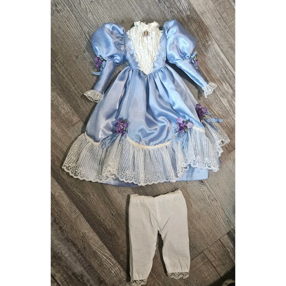 Vintage Porcelain Doll 19 Inch Blue Satin Lace‎ Dress Blonde Hair Blue Eyes Hat